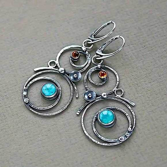 Bohemian Round Blue Stone Earrings Handmade Silver Engraved Round Dangle - Picture 4 of 7